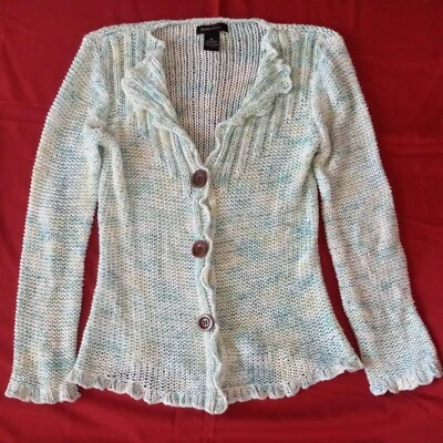 Cárdigan BCBG Maxazria Pastel Azul Amarillo Blanco Abotonado Mediano Botones Madera Foto 1 de 4