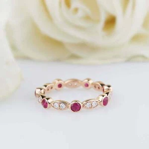 1ct Natural Ruby & Diamond Wed Band Bezel Set Full Eternity 14k SOLID Rose Gold - Picture 1 of 10