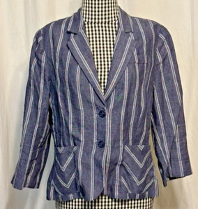 Cabi Nautical Stripe Classic 2-Button Navy Blue Jacket Blazer 100% Linen Size 8 - Picture 1 of 7