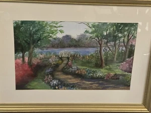 Original Stunning Watercolor Painting Size Medium 30” X 22” Garden On The Lake. - Picture 1 of 12