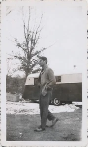 Snapshot Vintage Photo Handsome Young Man Candid Camper Trailer Quincy MA Tree - Picture 1 of 6