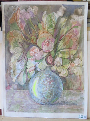 Tableau Fleurs Moderne Peinture Aquarelle Sur Carton Ans Quatre-Vingt P23 - Photo 1/4