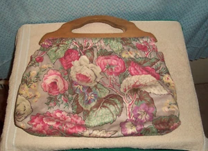 VINTAGE HOLZGRIFF BLUMENDRUCK STOFF/GOBELIN STUFF TASCHE ROT GEFÜTTERT 16" x 16" - Bild 1 von 8