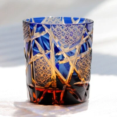 Whiskey Glass Tumbler Japanese Style Edo Kiriko Glass Hand Cut To Clear 9oz Blue - Image 1 of 4
