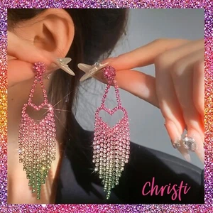 Gradient Heart Tassel Dangle Pink And Green Heart Earrings With Rhinestones - Picture 1 of 7