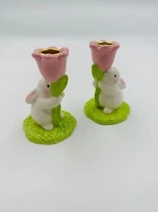 Hallmark Bumny Candle Holders Set of 2 Ceramic White Rabbit Spring cottage core - Picture 1 of 5