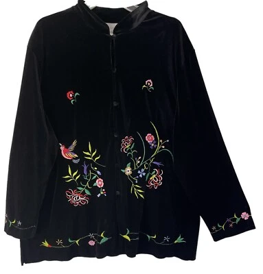 Susan Graver Womens 2X Jacket Black Velvet Asian Embroidered Floral Art-to-Wear - Image 1 of 4
