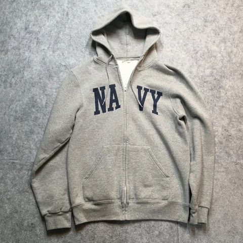 US Navy Full Zip Hoodie Mens S/M Gray Fleece Spellout USNA Naval Academy Logo Cover