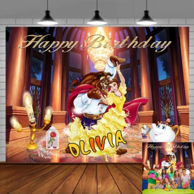 Banner de cumpleaños personalizado personalizado de La Bella y la Bestia telón de fondo decoración de fiesta Foto 1 de 4