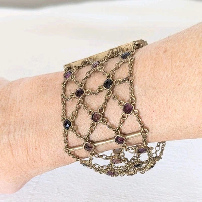 Vtg Ralph Lauren Bracelet Burnished Gold Web Chain & Amethyst Glass Stones VGC - Image 1 of 4