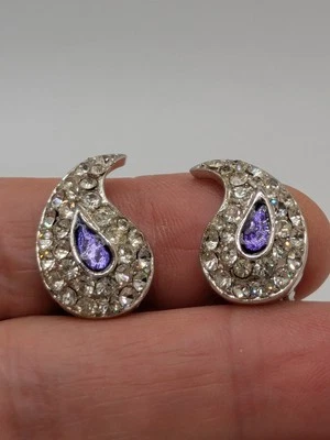 Vintage silver tone Clear Rhinestone clip on Leaves Earrings Purple Enamel - Image 1 of 4