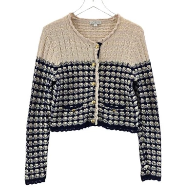 J Crew Cardigan Sweater Women Small Textured Crochet Lady Jacket Navy Blue Beige - Image 1 of 4
