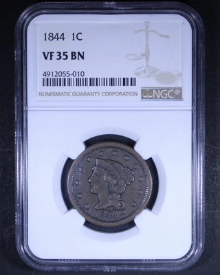1844 Braided Hair Large Cent - 1c NGC VF35 BN - Image 1 of 4
