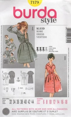 Burda Sewing Pattern 7179 Retro 50s Shirt Dress Choose Neck & Cuff Size 6-18 NEW - Image 1 of 4
