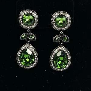 BRIGHTON RAINDROPS Green Crystal And Clear SWAROVSKI SLVR CLIP EARRINGS VTG - Picture 1 of 7
