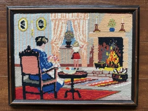 Vintage handgenäht Nadelspitze Wandteppich Wohnzimmer Kamin Szene gerahmt  - Bild 1 von 4