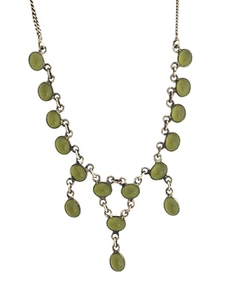 Vintage Silver Tone and Green Glass Cabochons Fringe Bib Necklace - Picture 1 of 7