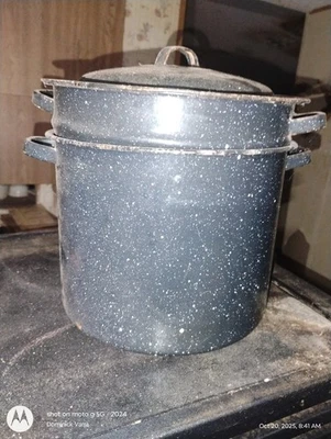 Vtg. Enamelware Stock Pot Double Boiler Steamer with Strainer -No Lid- 9.5" diam - Image 1 of 4