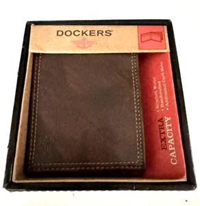NEW Dockers Genuine Leather Mens Wallet Extra Capacity Slimfold Bifold Brown - Picture 1 of 4