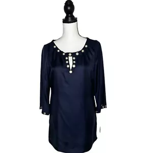 Top tunica Dana Buchman 100% seta blu navy nuovo con etichetta - Foto 1 di 9