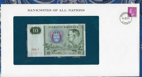 Banknotes of All Nations Sweden 10 Kronor 1979 serie F P-52d UNC BIRTHDAY 1991 Cover