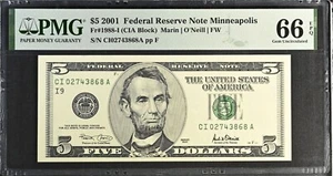 2001 $5 Federal Reserve Note Fr-1988-I Minneapolis PMG66 Gem EPQ - Picture 1 of 2