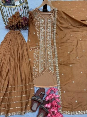 Ethnic Look Chinnon Silk Copper Top And Sharara With Dupatta For Women & Girls - Photo 1/4
