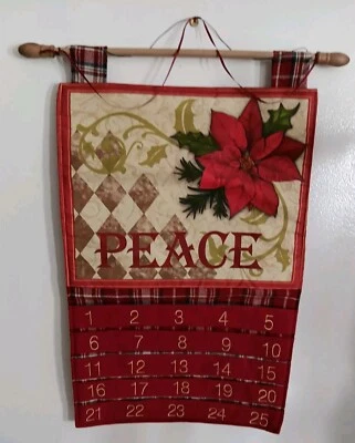  Vintage Christmas Wall Hanging Fabric Poinsettia  Peace  Advent Calendar  - Image 1 of 4
