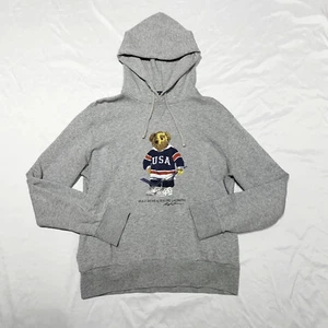 Polo Ralph Lauren USA Hockey Bear Hoodie Pockets Gray Size L Drawstring - Picture 1 of 9