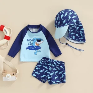 Toddler Boys' UPF 50+ Swim Set with Rash Guard, Shorts, and Hat - Blue Shark - Picture 1 of 14