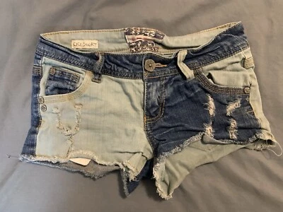 Hot Kiss CICI Shorts 26” Waist Patchwork Blue Denim Low Rise Distressed Beach - Image 1 of 4