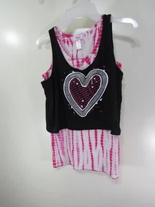 Justice 2 Piece Top Size 16 Girls Pink Black Heart LOVE ONE ANOTHER Sleeveless - Picture 1 of 3
