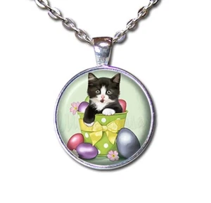 Adorable Tuxedo Kitten Easter Basket - Handmade ROUND Glass Pendant Necklace - Picture 1 of 10