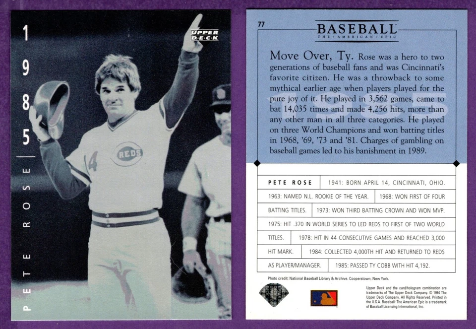 Pete Rose Cincinnati Reds 1994 Upper Deck Ken Burns' Baseball: American Epic #77 - Image 1 of 1