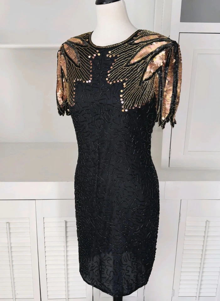 Stenay Vintage Beaded Silk Dress 2 Petite 80s Glam Sequins Party Flapper Gatsby - Image 1 of 4