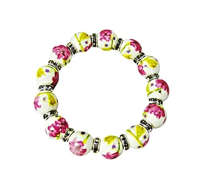 Porcelain Pink and Yellow Flower Bead and Crystal Spacers Stretch Bracelet - NEW - Image 1 of 4