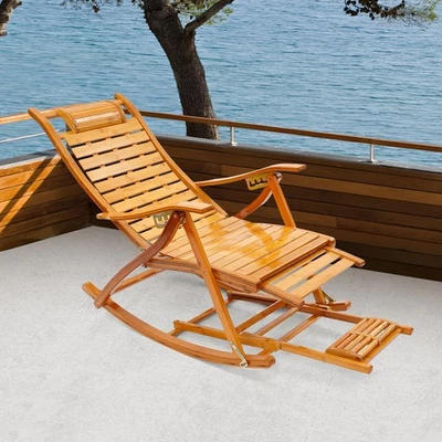 Tilt Angle Adjustable Bamboo Folding Reclining Chair Recliner Sun Chaise Lounger - Image 1 of 4
