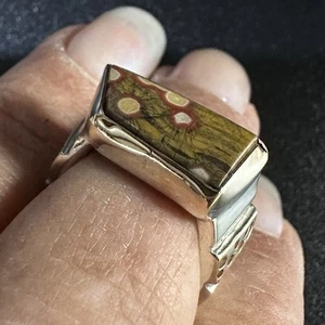 ANILLO BANDA JASPE OJO DE PÁJARO Y PLATA ESTERLINA ORO AMARILLO 14K ARTISAN ESTATE TALLA 5 - Imagen 1 de 24