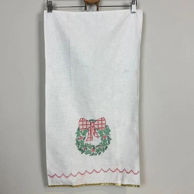 Toalla de té de Navidad vintage bordada con corona hecha a mano Foto 1 de 4