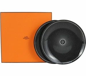 Hermes Dessert Plate H Deco Black Tableware Dish 2 set Dinner Auth New Box 21 cm - Picture 1 of 9