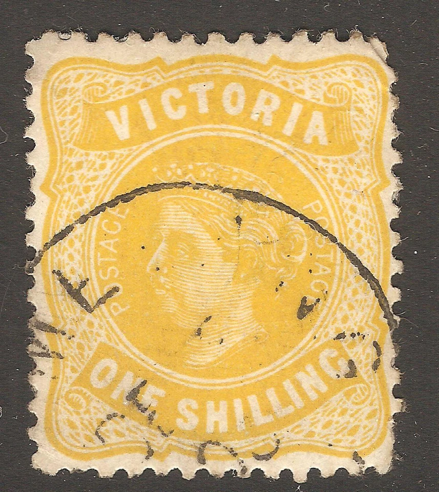 1901/1905 VIC Victoria Australia QV 1/- Inscripción franqueera amarilla usada (G) Foto 1 de 1
