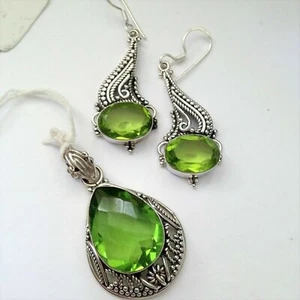 925 Sterling Silver Faux Peridot 1.5” Dangle Earrings & 1.75” Long Pendant Set - Picture 1 of 4