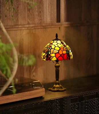 Tiffany style Table Lamp Vintage Stained Glass Bedside Rose Floral Light 14" - Image 1 of 4
