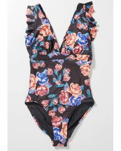 MODCLOTH Bathing Suit XS KELSIE Maillot 1-Piece Floral V-Neck Flutter Sleeve NEW - Picture 1 of 7
