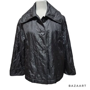 FUDA Jacke Damen groß schwarz Nylon Knopfleiste Mantel ausgestellte Ärmel Y2k Look - Bild 1 von 9