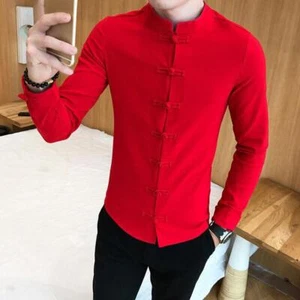 Mens Chineses Hanfu Summer Long Sleeve Shirt Mandarin Collar Blouse Kung Fu Tops - Picture 1 of 12