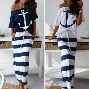 Women Ladies Casual Sailor Top Ruffle Long Maxi Dress Skirt Set Summer Sundress - Picture 1 of 8