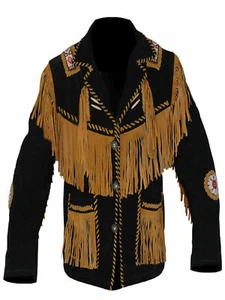 Giacca con perline da uomo nuova vecchia vecchia Western cowboy nera in pelle scamosciata con frange WBJ341 - Foto 1 di 4