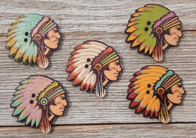 5 Chief Headdress Sewing Buttons Crafting Wood 2 Hole 1 1/8"  - Image 1 of 2