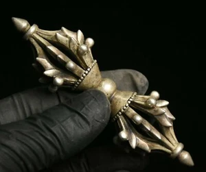 3.6" Old Tibet Buddhism Silver Carving Phurba Dagger Holder Pendant Amulet - Picture 1 of 5